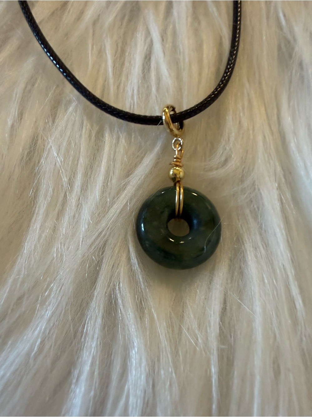 Green Jade Donut Pendant Necklace with Gold Accents on Black Cord